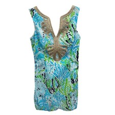 Lilly Pulitzer Essie Tunic Dress Coral Reef Print Gold Neckline Size 2