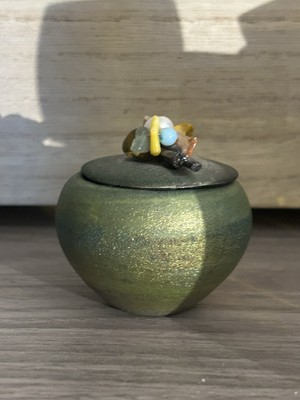 J. Diller Raku Pottery Miniature Iridescent Jar 2.5  X 2  in. With detailed lid 