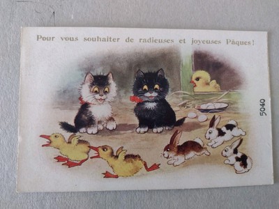 Comic Katze Postkarte, Inter-Art Co ''Comique'' Serie, Küken & Kaninchen, Grüße