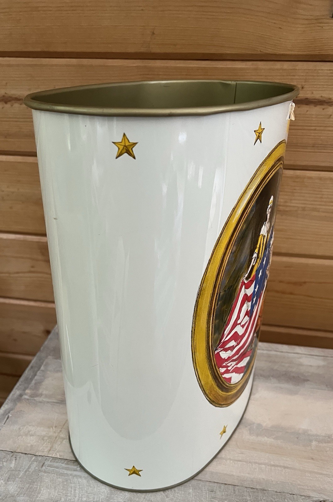 1970s Embossed JL Clark Trash Can Metal American Flag Patriotic Independence Day
