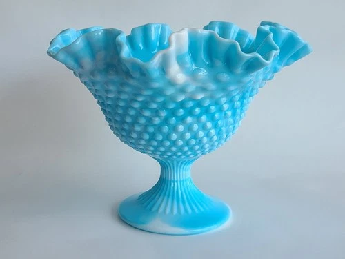 Vtg FENTON 9" Wide Aqua Blue/White Slag Ruffled Hobnail Footed Compote Art Glass
