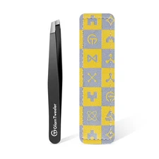Expert Slant Tip Tweezers with Leather Case, GlamTweeler Sharp & Precision Stain