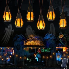 10/15 Flickering Flame Solar String Lights: Waterproof Halloween Garden Decor