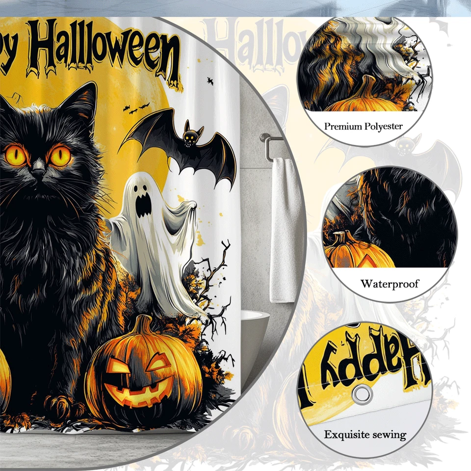 Cortina de chuveiro Halloween gato, design fantasma abóbora gato preto, banheiro assustador - Imagem 3 de 4