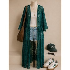 Teal Lace Duster Kimono Swim Cover Up Festival Boho Beachwear Small
