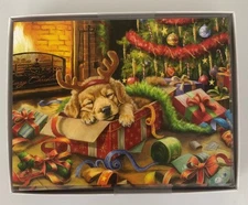 12 CHRISTMAS Leanin Tree Cards Box Set, DOG,PUPPY SITTING IN PRESENT BOX BY TREE