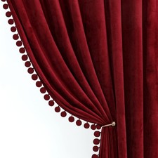 Burgundy Velvet Curtains for Bedroom Window with Pom Pom, Super Soft Luxury Drap