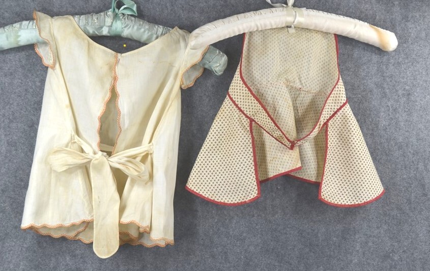 antique child apron/pinafore 2 pcs both red and white cotton hand made 1900