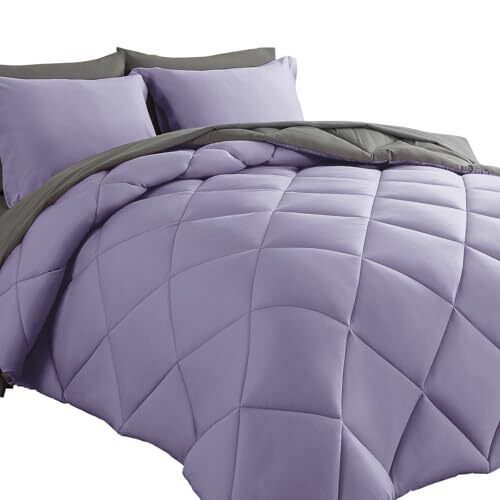 Bed in a Bag Reversible Comforter Sets 7pcs All Season Queen Lavender/Grey