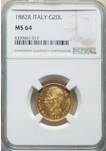 ITALY , GOLD 20 LIRE 1882 R NGC MS 64 ,,, RARE8