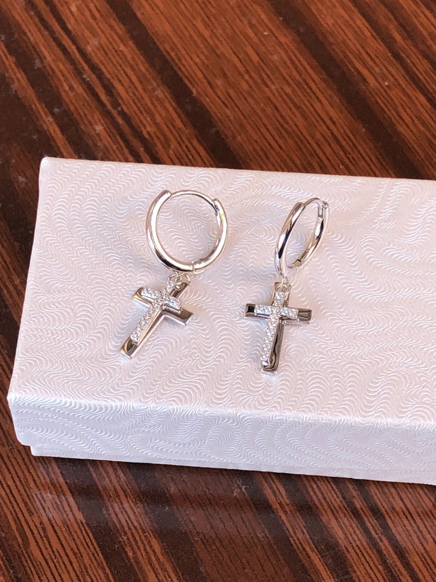 925 Sterling Silver Cz Double Cross Dangle Huggie Hoop Earrings