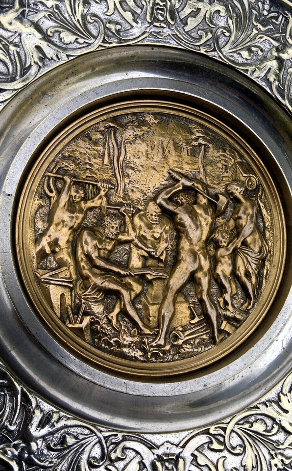 Antique Gilt & Silvered Bronze ~Venus & Cupid at Vulcan's Forge~ Wall Plaque 11" - Image 2 of 4