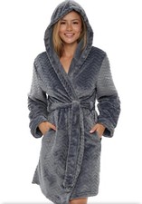 Alexander Del Rossa Gray Plush Fleece Bathrobe Hooded Knee Length Size M