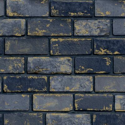 Arthouse Metallic Marine Blau Gold Tapete Ziegelmauer Realistisch 3D Rustikal Effekt