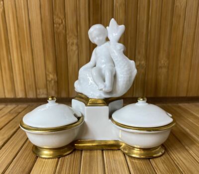 Vintage VA Portugal Cherub Dolphin Triple Mustard Salt Pot Server - 1950's