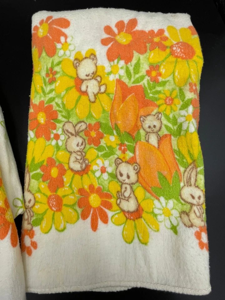 2 винтажных одеяла 1970-х годов для приема фланелевые цветочные мощные кролики медведи оранжевые желтые - Изображение 3 из 4