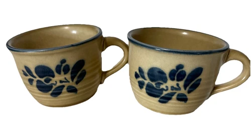 Pfaltzgraff  Folk Art Coffee Tea Cups Mugs Blue Tan USA Stoneware Lot Of 2