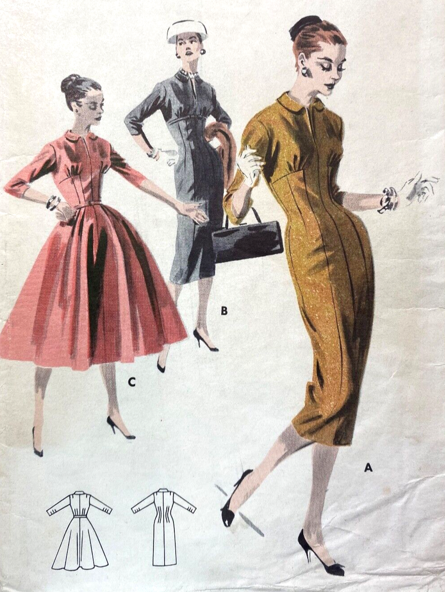 Vintage 1950 Dress Pattern FITTED DRESS Slim Skirt Full Skirt