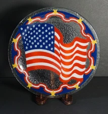 Peggy Karr 11" Patriotic American Flag Plate Fused Glass Art Platter Tray