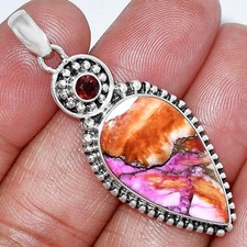 Kingman Orange Dahlia Turquoise & Garnet 925 Silver Pendant Jewelry P-1500