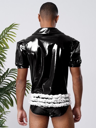 Body uomo Sissy pelle verniciata Lae orlo arricciato manica corta catsuit clubwear - Foto 20 di 47