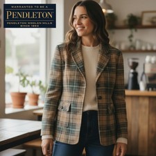 Pendleton Virgin Wool Tan Green Plaid Blazer Jacket Preppy Academia  6 Petite