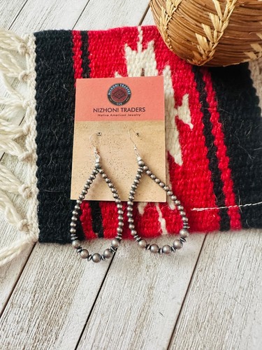 Navajo Sterling Silver Pearl Beaded Dangle Hoop Earrings - Picture 2 of 7