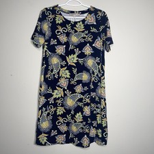 Loft S Navy Colorful Paisley Pattern Cotton Blend Soft Comfy T-Shirt Dress NWOT