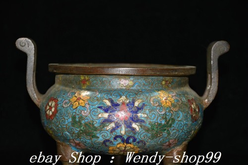 7" Old China Copper Cloisonne Flower Pattern 2 Ear Incense Burner Censer - Picture 5 of 9