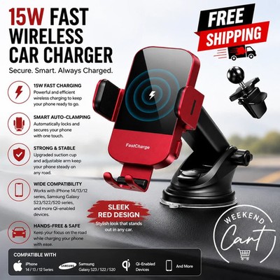 CHGEEK Wireless Car Charger 15W Fast Charging Auto Clamp Car Charger Phone mount