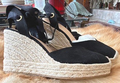 ZARA Women Black Faux Suede Espadrille Wedge Sandals Ankle Strap Tie EU39