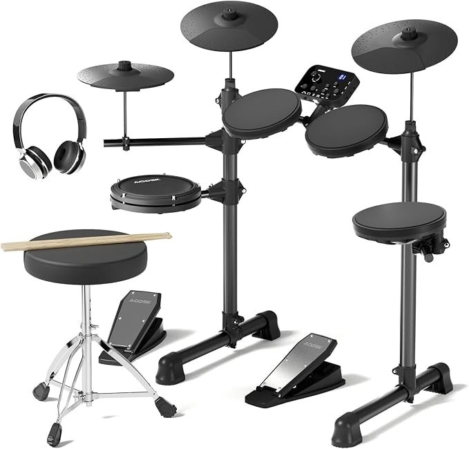 AODSK Electric Drum Set For Beginner 150 Sounds, 4 Quiet Drum Pads 2 Pedals