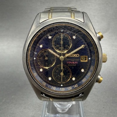 Seiko Chronograph Watch Men 38mm Blue Dial Titanium Date Alarm