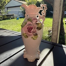 Handpainted Pitcher Porcelain Floral Bud Vase Pink Roses7 inches 