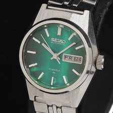 Working Seiko 2206-0720 AT Automatic Green Dial Day-Date 17 Jewels Cut Glass Lad