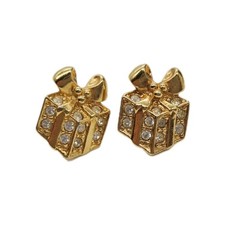 Avon Present Gift Box Pierced Earrings Gold tone Christmas Vintage .5 in