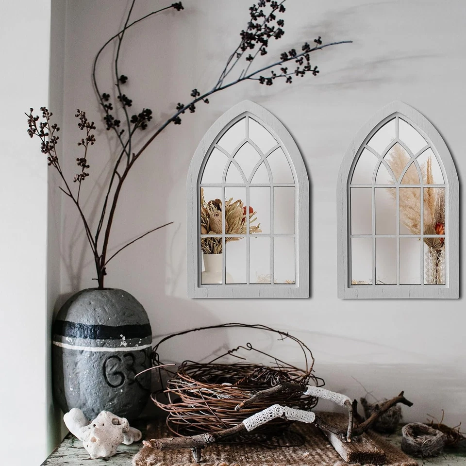 2PCS Arched Window Wall Mirror,Rustic Farmhouse Accent Mirror, Wood Framed - Image 2 of 4