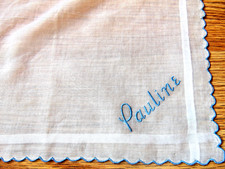 Vintage White Cotton Handkerchief Embroidered PAULINE Scalloped Edge Very Nice