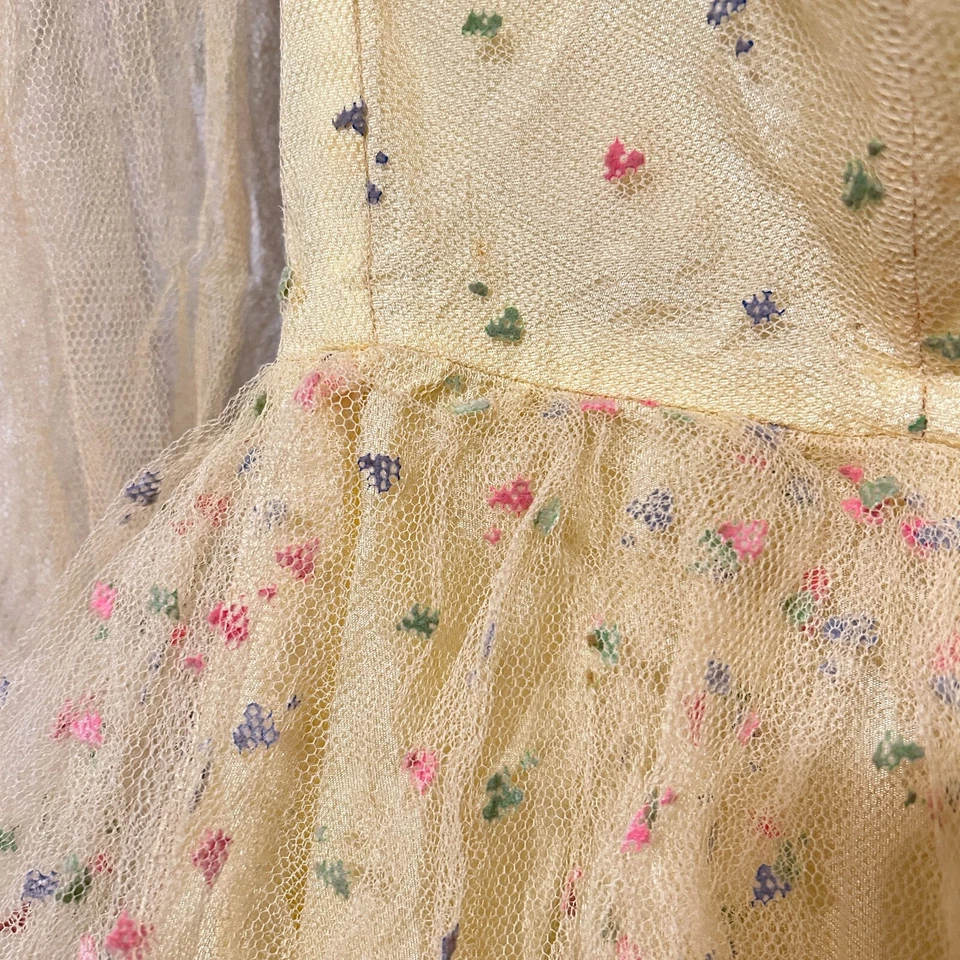 Vtg 1950's 50s Strapless Yellow Flocked Tulle Party Prom Wedding Dress Gown - Image 4 of 4