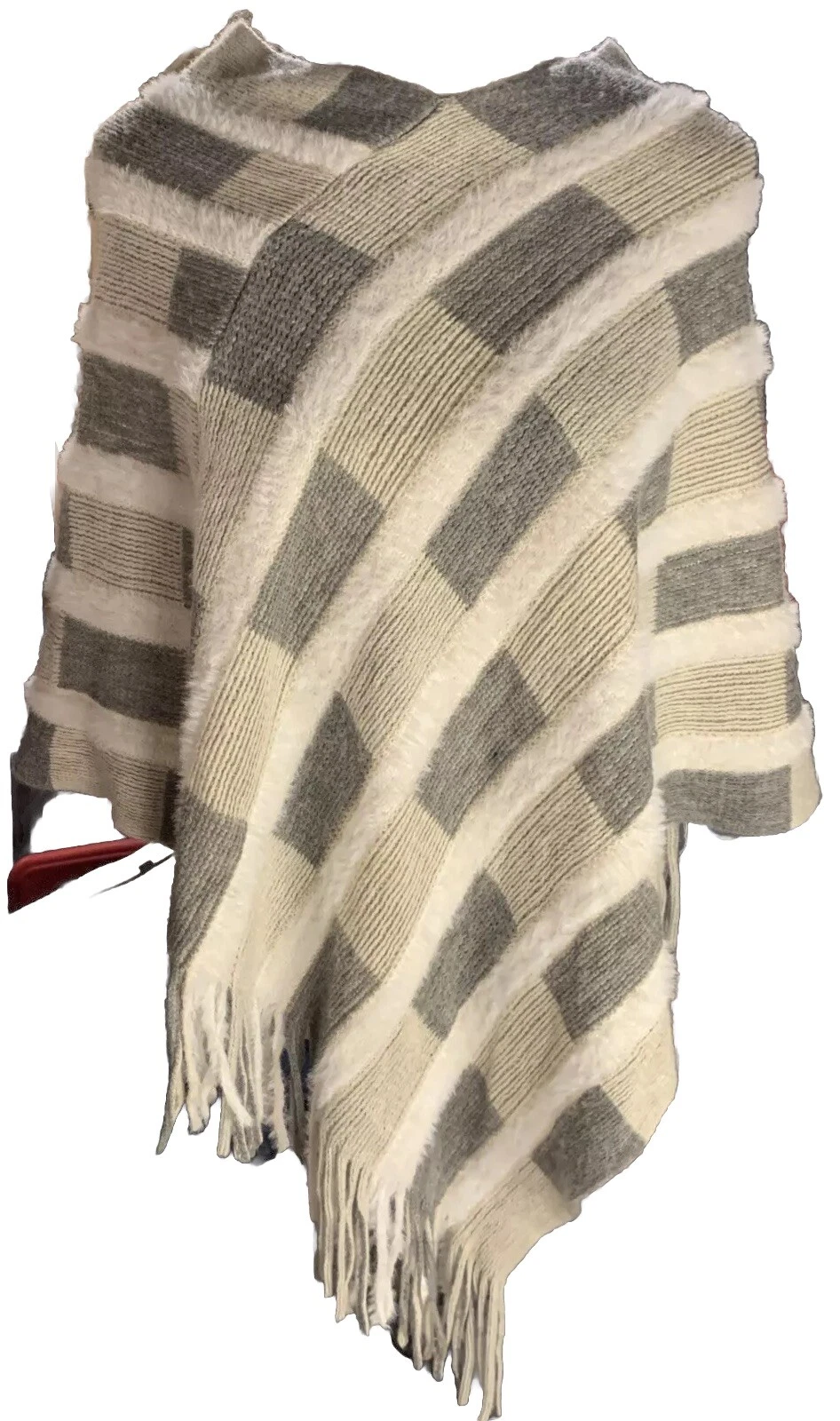 Northern Angel Poncho Sweater Fringe Boho Large Ivory Cream Gray Plaid Pattern