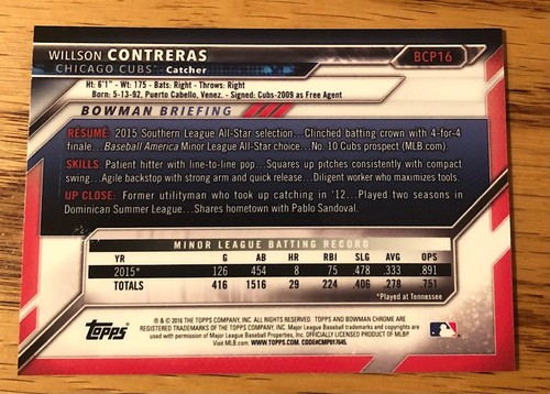 2016 Bowman Chrome Prospects #BCP16 WILLSON CONTRERAS CHICAGO CUBS RC - Picture 2 of 2