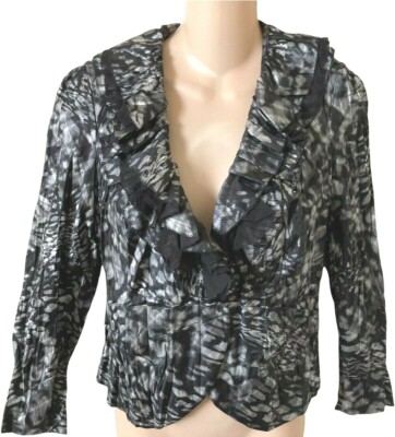 Alberto Makali Black & Silver/Gray Short Snap Blazer Jacket Abstract Ruffle 