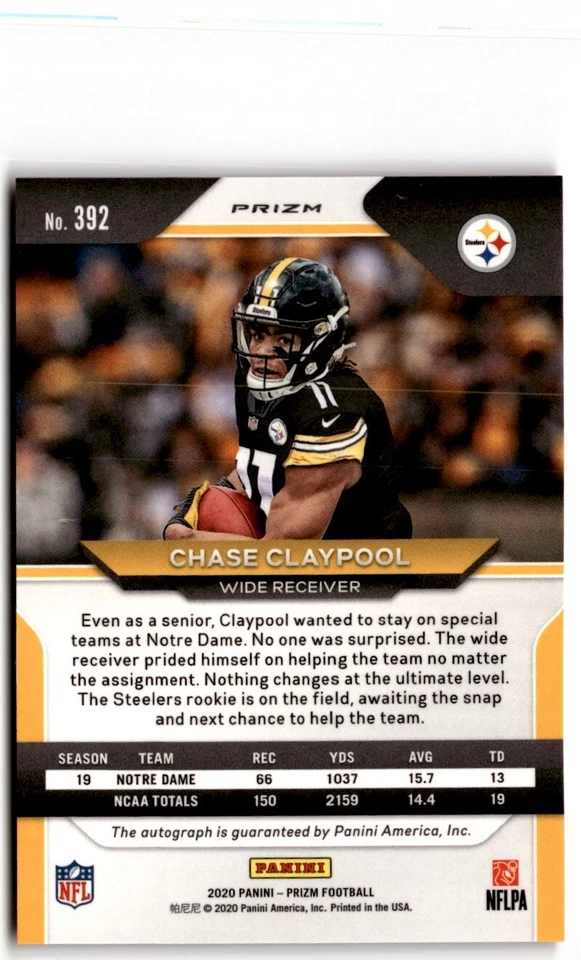 2020 Panini Prizm Prizms Pink Chase Claypool Rookie Auto #392 Pittsburgh - Image 2 of 2