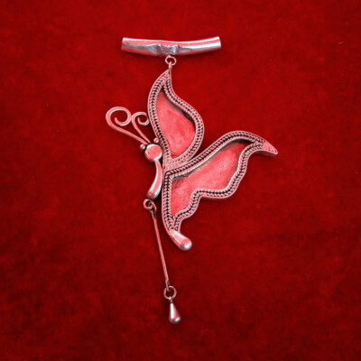 Chinese Handmade Miao silver drip tassels DIY embed butterfly necklace pendant