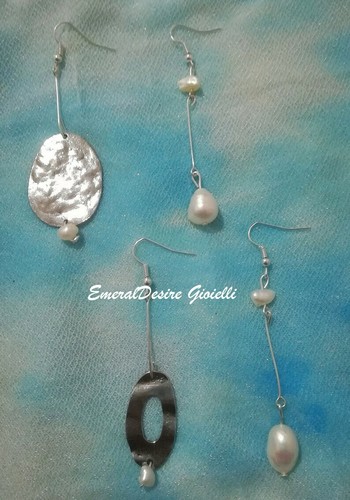 ORECCHINI DONNA PERLE BAROCCHE PENDENTI DESIGN IN ARGENTO MARTELLATO E ONDULATO - Foto 2 di 13