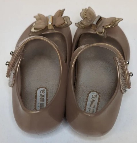 Mini Melissa Girls Gold Butterfly Flat Mary Jane Shoes Size 8 Kids Toddlers - Picture 4 of 10