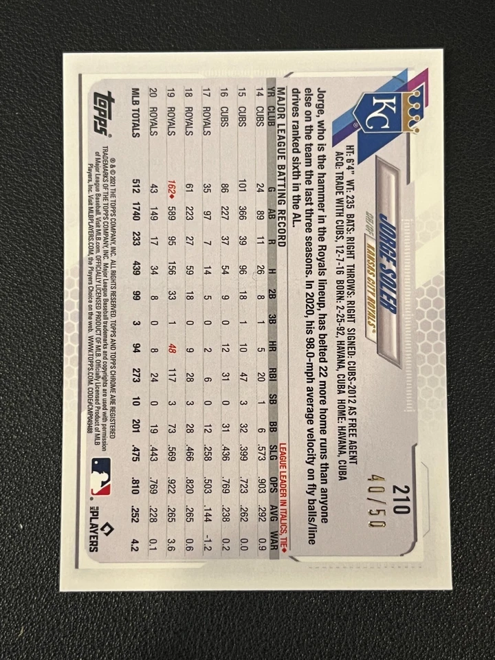 Jorge Soler 2021 Topps Chrome Ben Baller Gold Refractor /50 Royals 210 - Image 2 of 2
