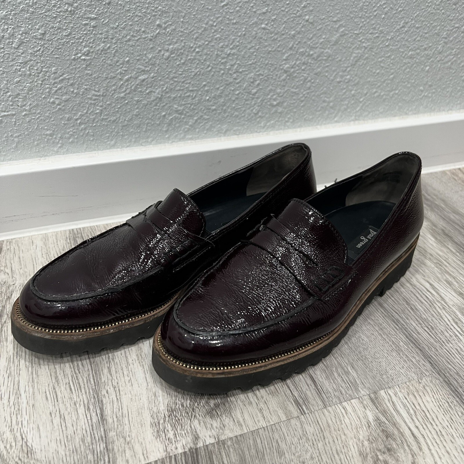 SAOLA Mocassini Paul verde vernice suola a strappo plateau scuro accademia taglia 8