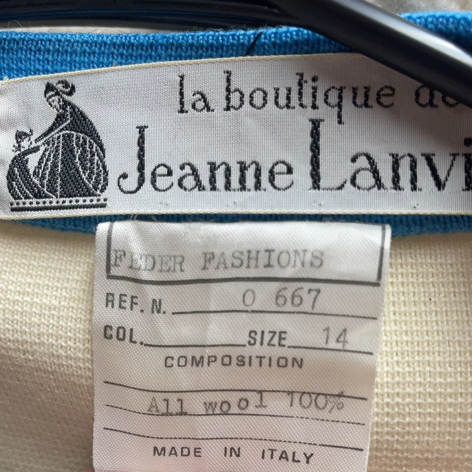 Cárdigan La Boutique Jeanna Lanvin Feder Fashions 100 % lana azul y marfil talla 14 Foto 4 de 4