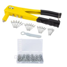 HEAVY DUTY HAND RIVET GUN 4 HEAD NOZZLE RIVETER PLUS 380 ASSORTED POP RIVETS